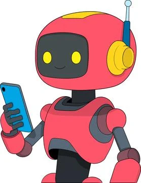 Red artificial intelligence robot holding and studying a smartphone with le.. Stock Illustration