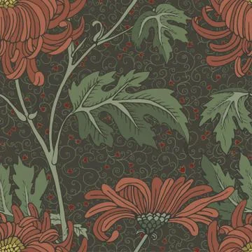 Red aster vintage seamless background. Large and small flowers 库存插图