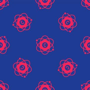 Red Atom icon isolated seamless pattern on blue background. Symbol of science Illustrazione stock