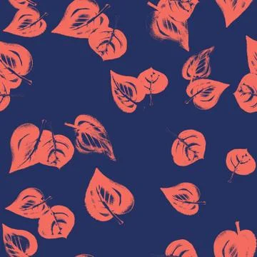 Red autumn leaves seamless pattern on blue navy background Stock Illustration
