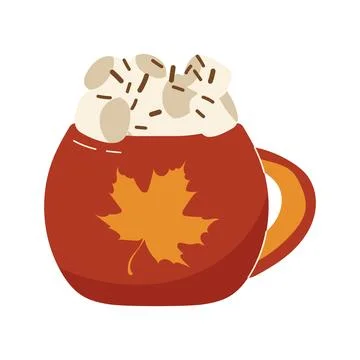 Red autumn mug with maple leaf hot cocoa and marshmallows Stock Illustration