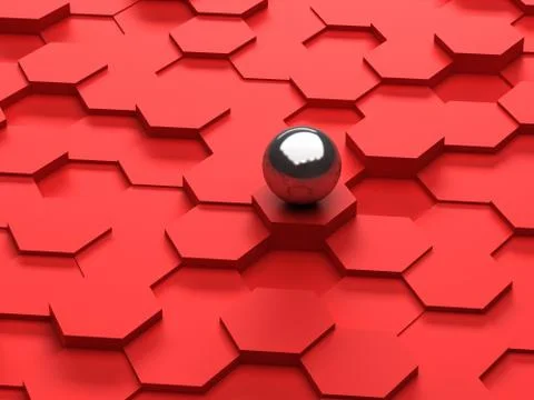 Red background of 3d hexagons and steel sphere Stock Illustration