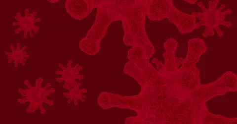 Red background 3d simulation of corona virus. Artistic rendering of electron  Illustrazione stock