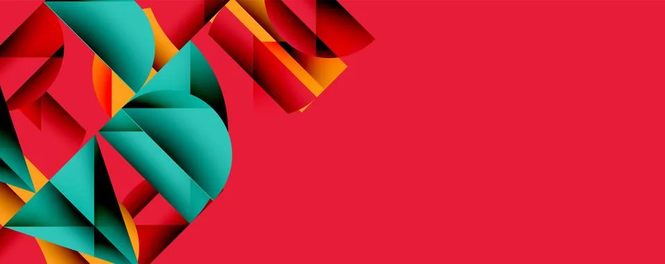 Red background with abstract geometric shapes. Teal, orange, red layers create Stock Illustration
