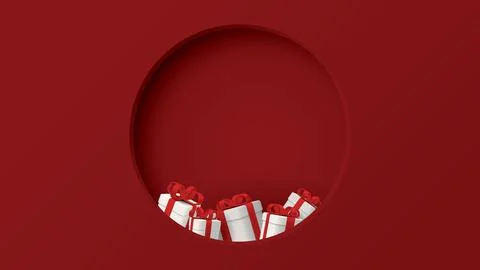 Red background and 3D circle frame paper cut style with gift boxes inside g.. Stock Illustration