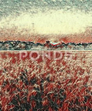 Red background with autumn leaves Stock Illustration