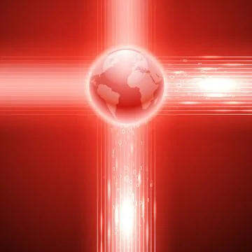 Red background with binary code to the globe. Illustration
