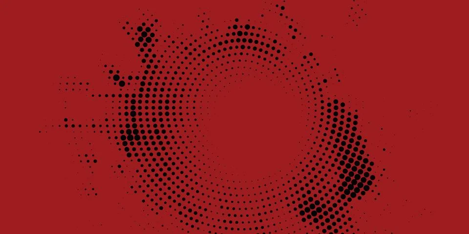 Red background with black halftone dots arranged in circular patterns and イラスト素材