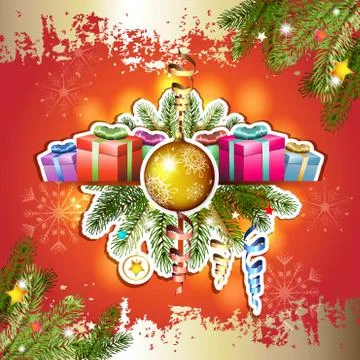 Red background with Christmas ball and gifts Stock Illustration