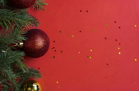 Red background with Christmas decorations Stock Photos