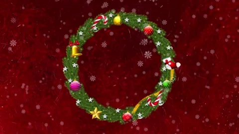 Red background with Christmas wreath and snow flakes falling Stock Footage 144515341