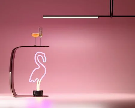 Red background with drinks lamp and flamingo 3d render Stock Illustration