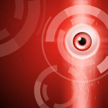 Red background with eye and binary code. 스톡 일러스트