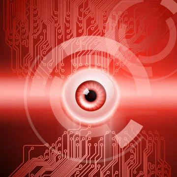 Red background with eye and circuit 스톡 일러스트