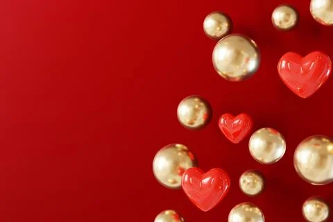 Red background features floating hearts and golden bubbles. The shapes vary.. Stock Illustration