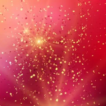 Red background with gold glitter and star shaped confetti. Vector illustration. 库存插图