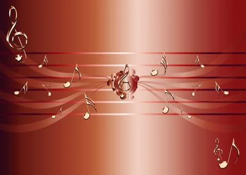Red background with golden music notes and treble clef illustration Stock Illustration