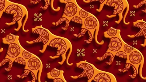 Red background with golden tiger repeating seamless pattern Stock Footage 323796820