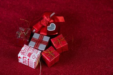 Red background image and gift box Valentine's Day concept Stock Photos