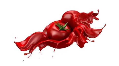 Red background with isolated tomato and splash. 3d illustration, 3d rendering Stock Illustration
