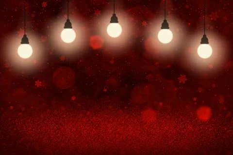 Red background lights with light bulbs, snow flakes 스톡 일러스트