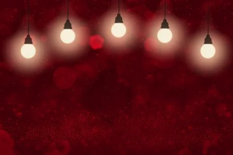Red background lights with light bulbs, snow flakes bokeh Stock Illustration