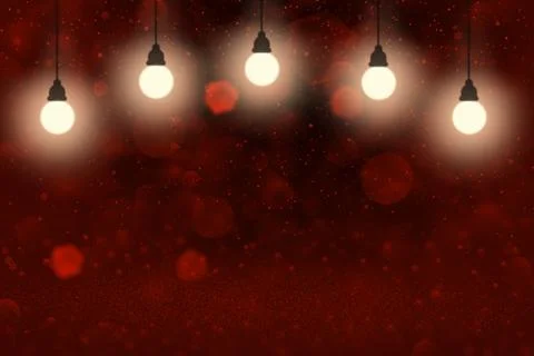 Red background lights with light bulbs, snow flakes bokeh Stock Illustration