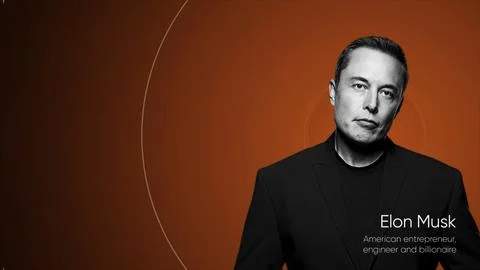 Red background. Motion.A vivid portrait of Elon Musk with his position in Stock Illustration