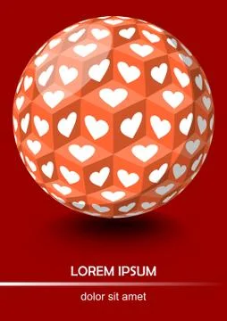 Red background in optical art style, sphere with cubes and white hearts Stock Illustration