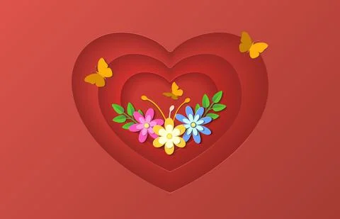 On a red background is a paper heart, inside of which there are flowers and b Stock Illustration