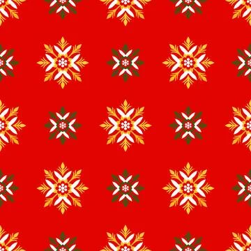 A red background with a pattern of snowflakes and flowers Stock Illustration