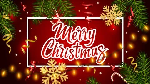 Red background with pine branches, luminous garlands, lettering Merry Christmas Illustrazione stock