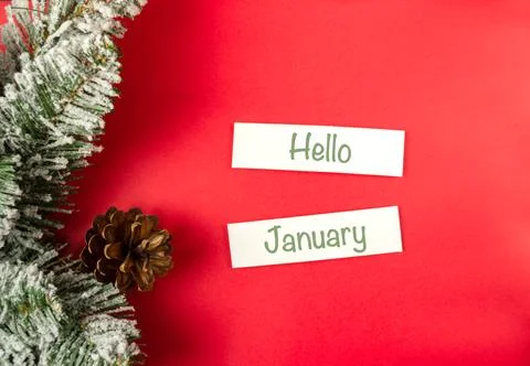Red background with a pine cone and two white signs that say Hello January Foto stock