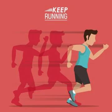 Red background of poster keep running with male athlete with shadows him behind Stock Illustration