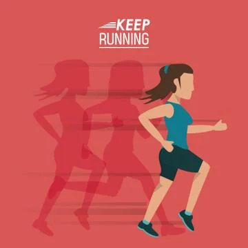 Red background of poster keep running with female athlete with shadows him Stock Illustration