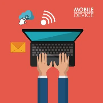 Red background poster of mobile device with hands and laptop computer and common Stock Illustration