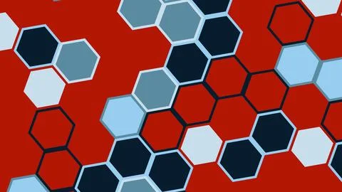 Red background with scattered hexagons in navy blue light blue and white crea 스톡 일러스트