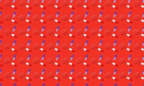 Red background with scattered white and blue pills and capsules Stock Illustration