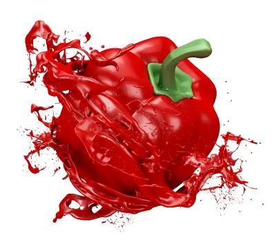 Red background with splash and pepper. 3d illustration, 3d rendering. イラスト素材