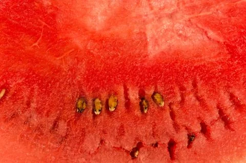 Red background texture of a watermelon with black seeds. Fruit background. Stock Photos