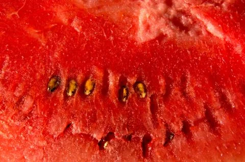 Red background texture of a watermelon with black seeds. Fruit background. Stock Photos