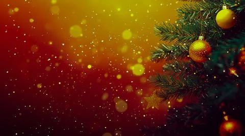 A red background with a tree with two gold ornaments hanging from it Stock Illustration