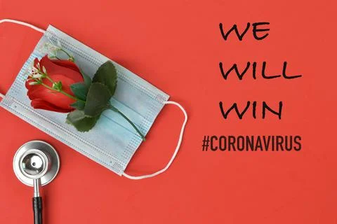 Red background written with WE WILL WIN #CORONAVIRUS. Stock Photos