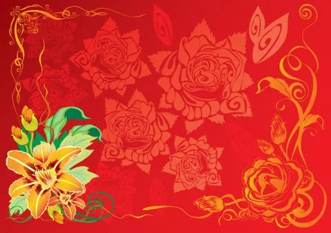 Red background with yellow flowers in the corner, vector illustration, Stock Illustration