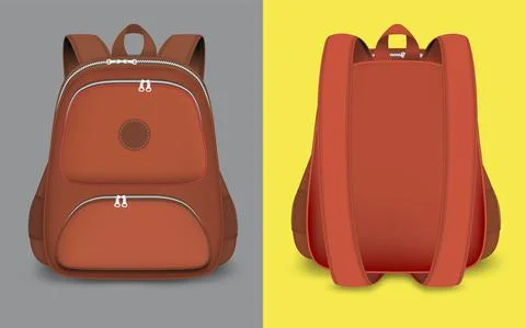 Red backpack mockup set, vector isolated illustration. 3d realistic school bag Stock Illustration