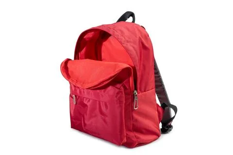 Red backpack open isolated over a white background. Copy space. Concept of .. Stock Photos