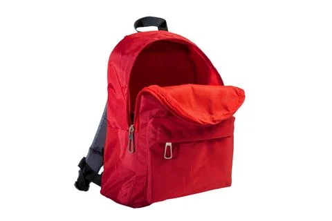 Red backpack open isolated over a white background. Copy space. Concept of .. Stock Photos