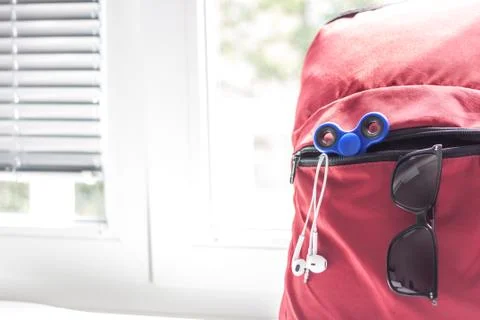 Red backpack with school supplies Stock Photos