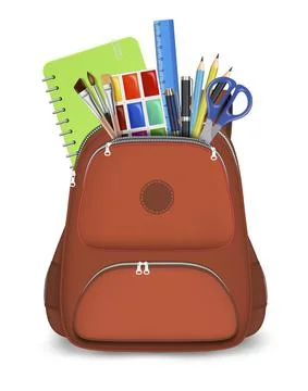Red backpack with school supplies, vector isolated illustration. 3d realistic 스톡 일러스트