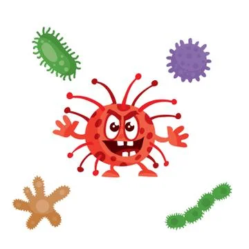 Red bacterium is surrounded by multi-colored viruses, cartoon style, isolated Stock Illustration